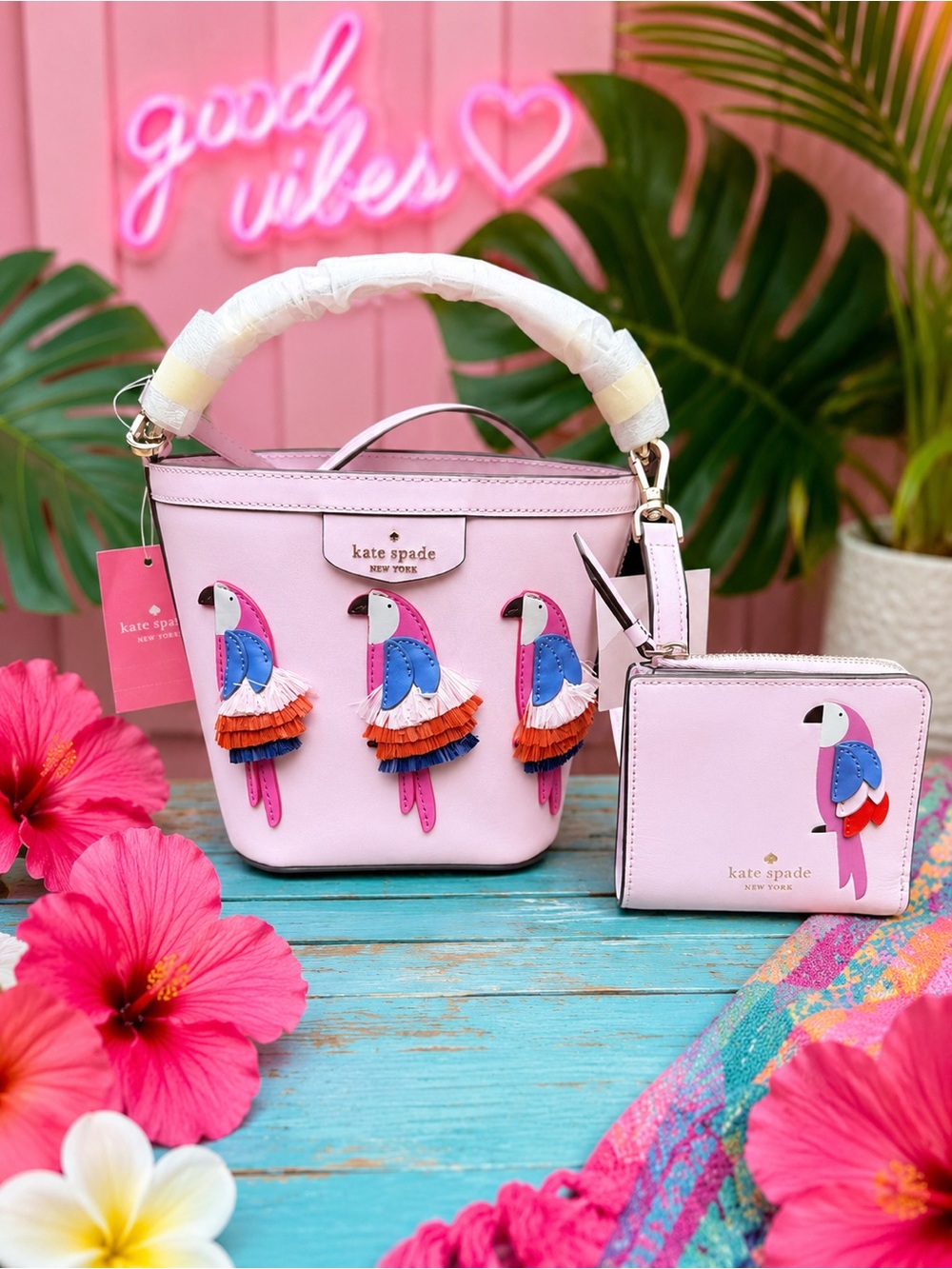 kate spade Flock appliqué Bucket Bag Crossbody & Small Wallet Set
